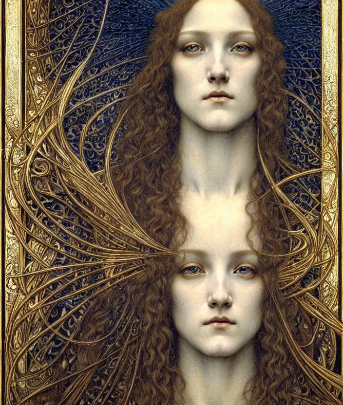 Image similar to detailed realistic beautiful young medieval queen face portrait by jean delville, gustave dore and marco mazzoni, art nouveau, symbolist, visionary, gothic, pre - raphaelite. horizontal symmetry