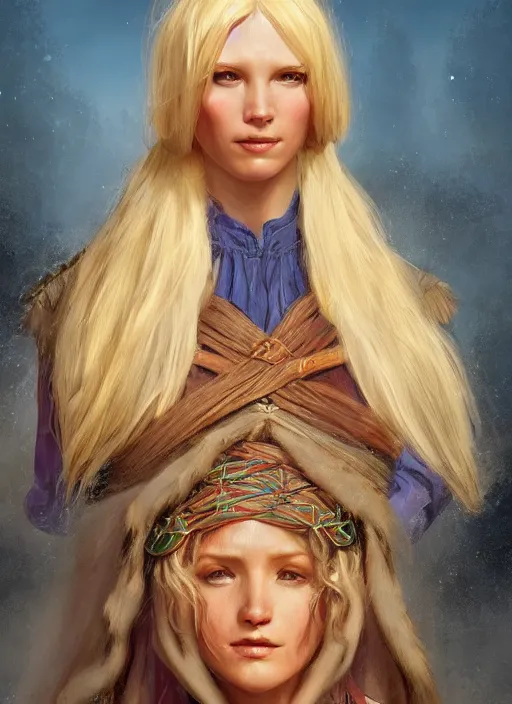 Image similar to blonde peasant woman, fantasy, medieval, vivid colors, fantasy, elegant, concept art, sharp focus, beautiful face!!, digital art, hyper - realistic, 4 k, unreal engine, highly detailed, hd, dramatic lighting by brom, trending on artstation