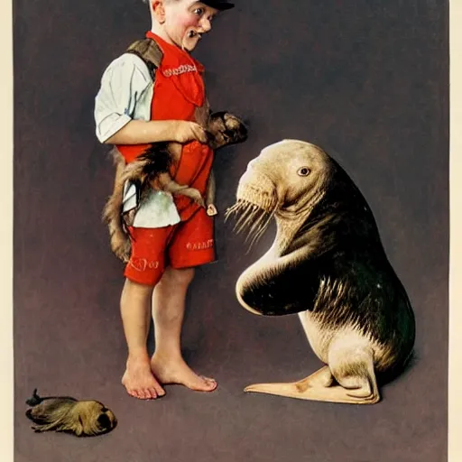 Prompt: a Norman Rockwell painting of a boy and his pet baby walrus