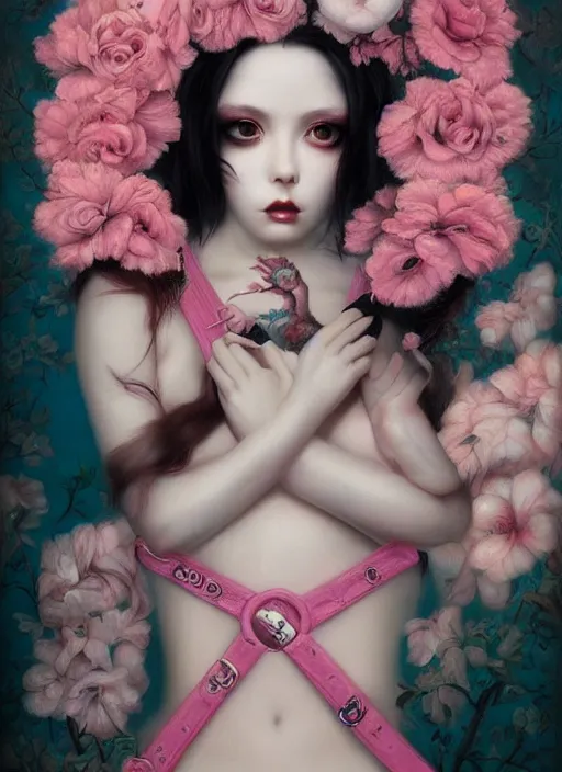 Image similar to pop surrealism, lowbrow art, realistic seductive cute woman painting, pink body harness, long hair, japanese shibari with flowers, hyper realism, muted colours, rococo, natalie shau, loreta lux, tom bagshaw, mark ryden, trevor brown style,