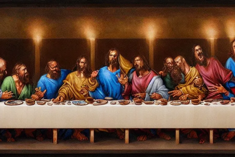 Prompt: The Last Supper repainted by Simon Bisley