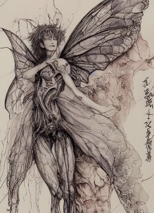 Prompt: Anatomical sketch of fairy anatomy, note the the margins, obsession, watercolor, extremely high detail, pen and ink, intricate line drawings, by Yoshitaka Amano, Ruan Jia, Kentaro Miura, Artgerm,