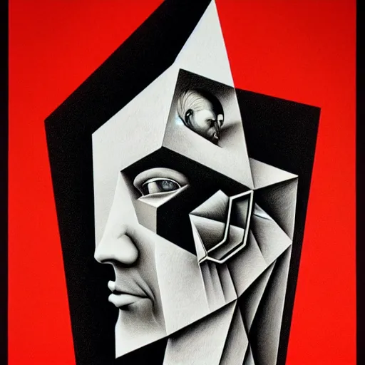 Image similar to airbrush and mono print polish poster conceptual figurative post - morden monumental portrait made by escher and giger, highly conceptual figurative art, intricate detailed illustration, illustration sharp geometrical detail, vector sharp graphic, controversial poster art, polish poster art