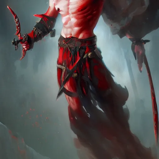 Image similar to wide shot, fantasy painting of a pale man with a two-handed black blade covered in red runes, painted by Bayard Wu, ultra detailed, 8k