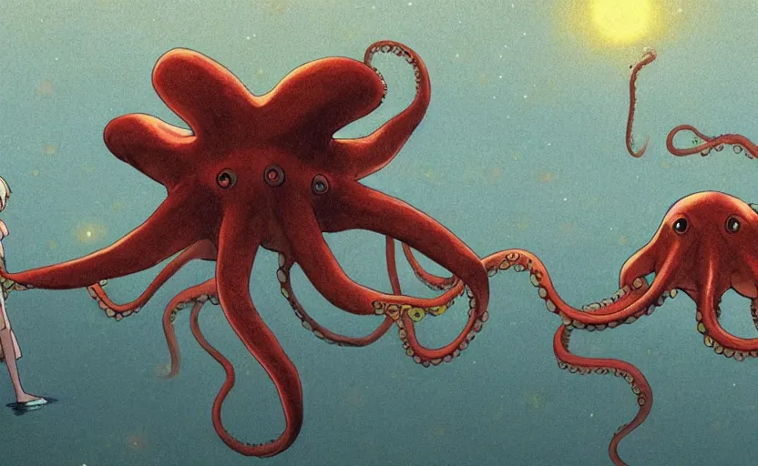 Image similar to a realistic cell - shaded studio ghibli concept art from paprika ( 2 0 0 6 ) of a flying multi - colored octopus from close encounters of the third kind ( 1 9 7 7 ) and dimensional portal to another world above a flooded medieval town on a misty starry night. very dull colors, wide shot, hd, 4 k, hq