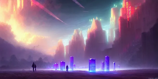 Prompt: a fleet of interconnected giant glowing futuristic crystal cubes in the sky, a fantasy magical landscape seen in the distance, atmospheric lighting, intricate, volumetric lighting, beautiful, sharp focus, ultra detailed, in the art style of marc simonetti, bowater charlie and brom gerald, astrophotography