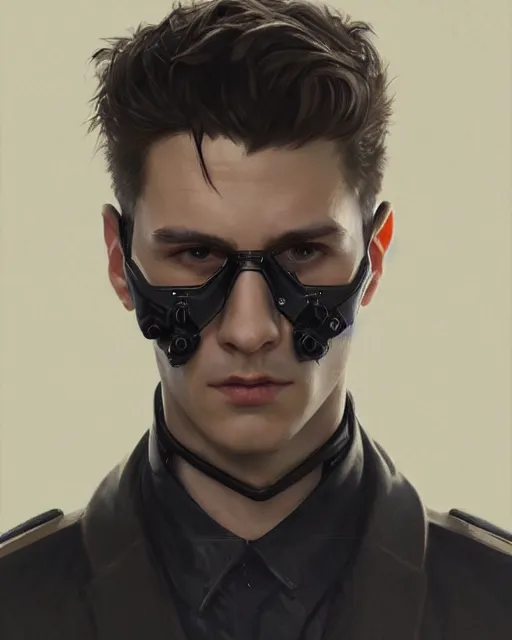 Image similar to '' Face portrait of a young handsome detective with a black leather coat, neck chains, short hair , sci-fy, cyber punk, high detail, digital painting, artstation, concept art, sharp focus, illustration, art by greg rutkowski and alphonse mucha ''