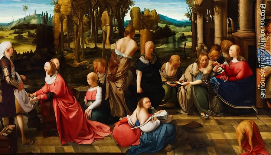 Image similar to people using smartphones, renaissance painting, oil painting, hyperdetailed