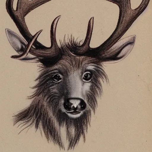 Image similar to professional vintage, detailed, colored sketch of a fuzzy creature with antlers, full descriptions, on parchment, 8K, HD