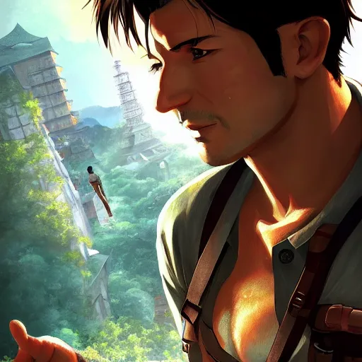 Image similar to portrait of nathan drake, anime fantasy illustration by tomoyuki yamasaki, kyoto studio, madhouse, ufotable, trending on artstation