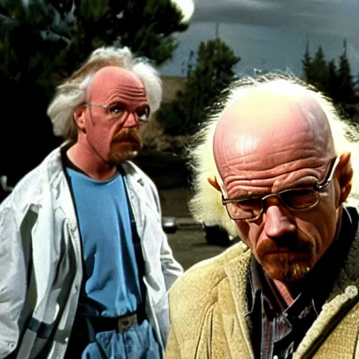 Prompt: still of walter white meeting dr. emmett brown scene, from back to the future ( 1 9 8 2 )