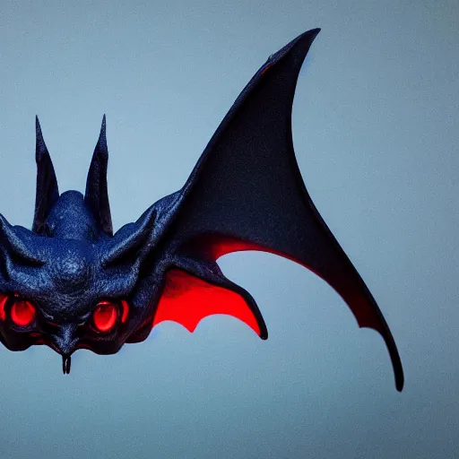 Image similar to detailed full body of scary giant mutant dark blue humanoid pygmy-bat, glowing red eyes flying above a stormy ocean, sharp teeth, acid leaking from mouth, realistic, giant, bat ears, bat nose, bat claws, bat wings, furred, covered in soft fur, detailed, 85mm f/1.4