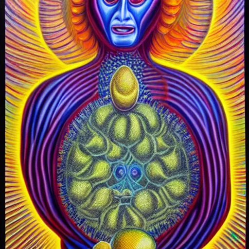 Image similar to Alex Grey painting of a lemon god