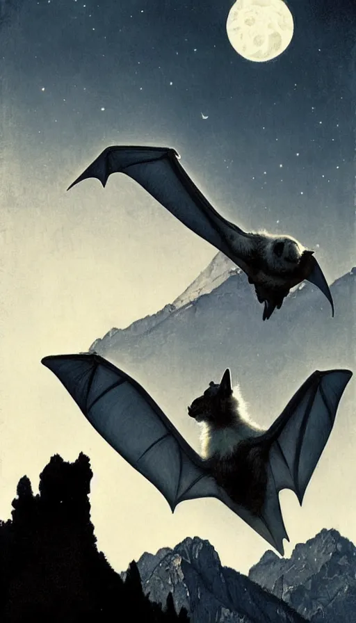 Image similar to a white bat, flying against a black night sky, mountain in the background, moonlight, denoised, very detailed, painted by james gurney, norman rockwell, tom bagshaw