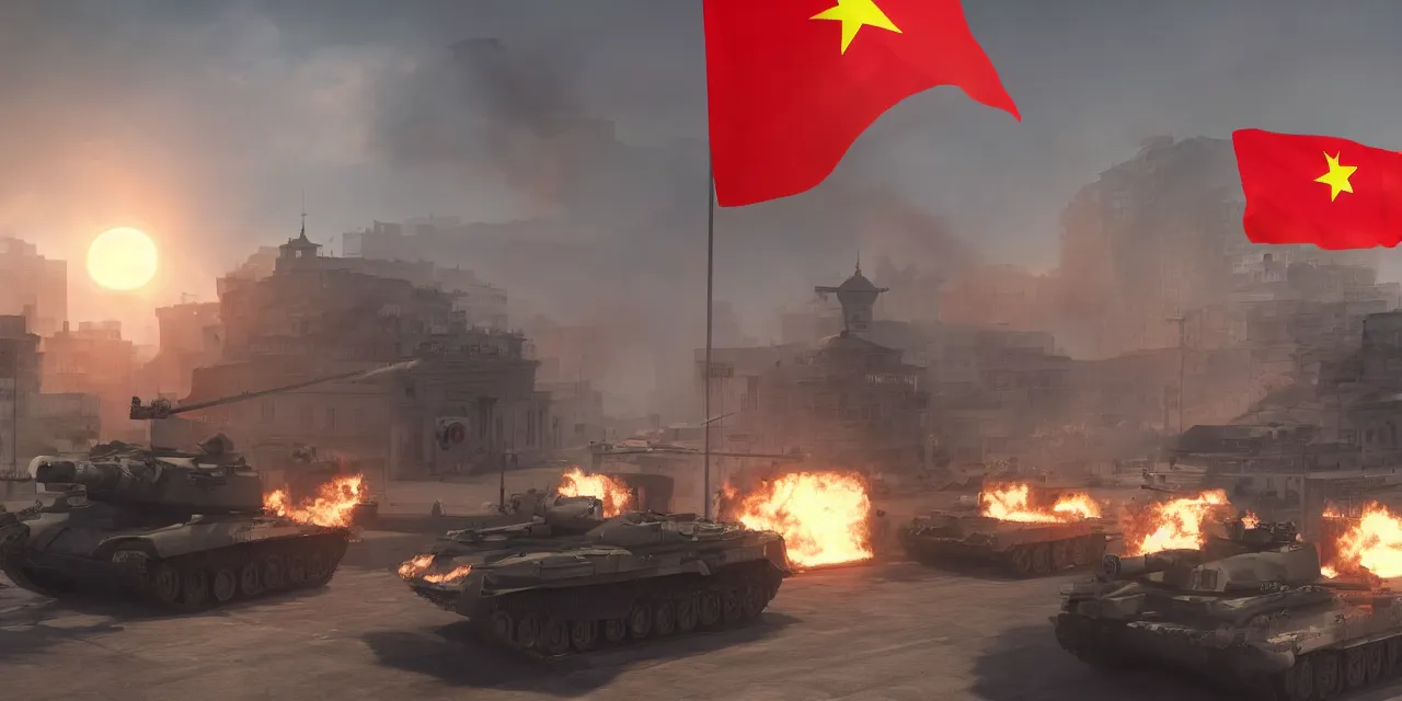 Image similar to tanks burning city, army, china, communist flag, volumetric lighting, unreal engine, realistic