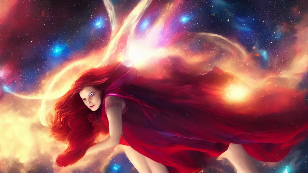 Prompt: a beautiful Scarlett witch, floating in space, stars, galaxy, HDR, dreamscape, dramatic lighting, fantasy art illustration, trending on artstation, Aetherpunk