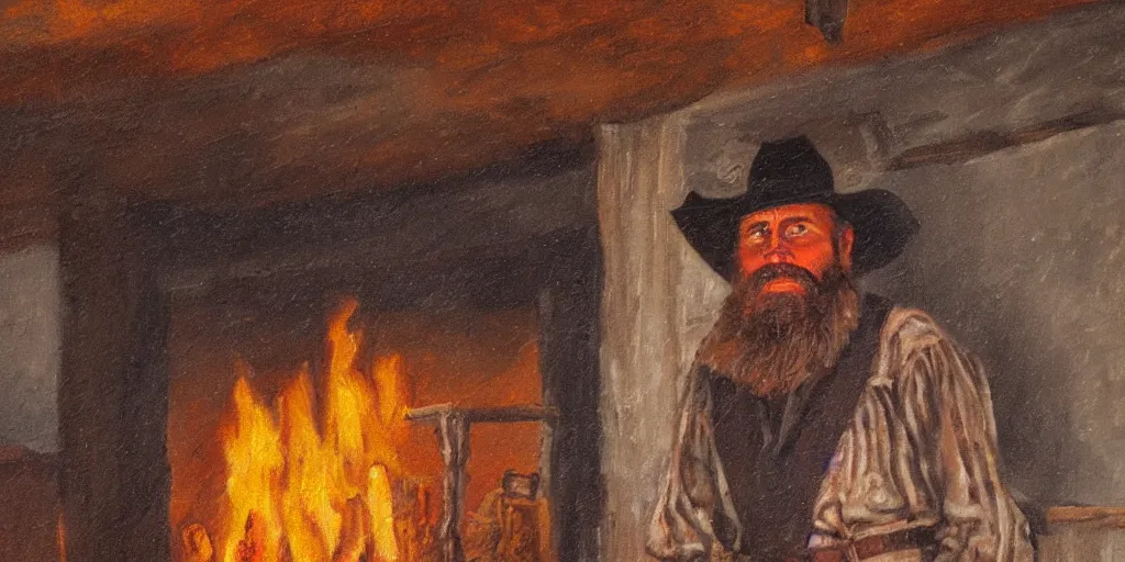 Prompt: in an old west cabin, close up shot a rugged, bearded cowboy standing ((alone)) at his fireplace, in the style of Fredrick Remington, oil painting