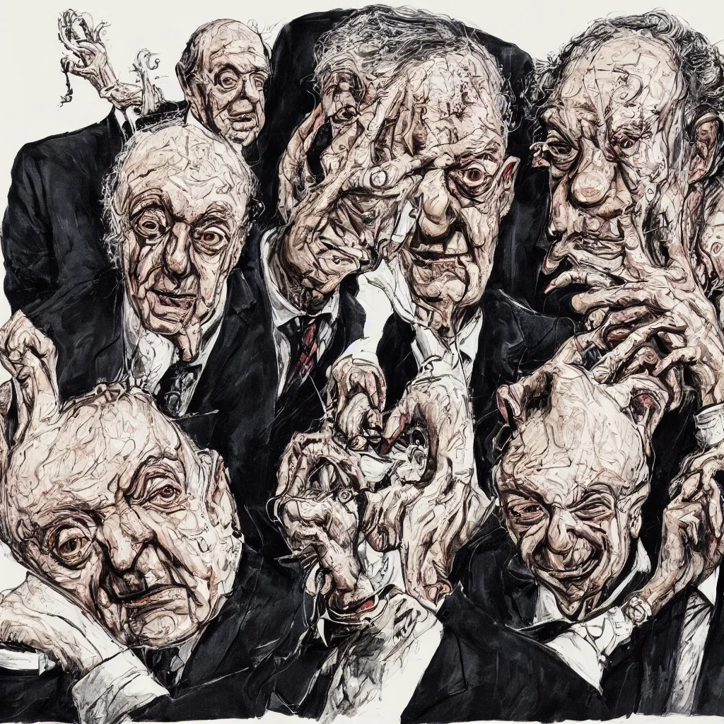 Image similar to Jacob Rothschild and george soros by Ralph Steadman, illustration, body horror, biopunk, 8k , trending on artstation