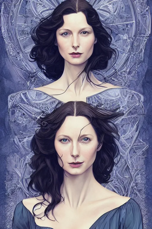 Image similar to in the style of joshua middleton, artgerm, beautiful caitriona balfe, steampunk, full body, blue dress, elegant pose, middle shot, spooky, symmetrical face, symmetrical eyes, detailed realisitc eyes, detailed realistic eyes, detailed and intricate