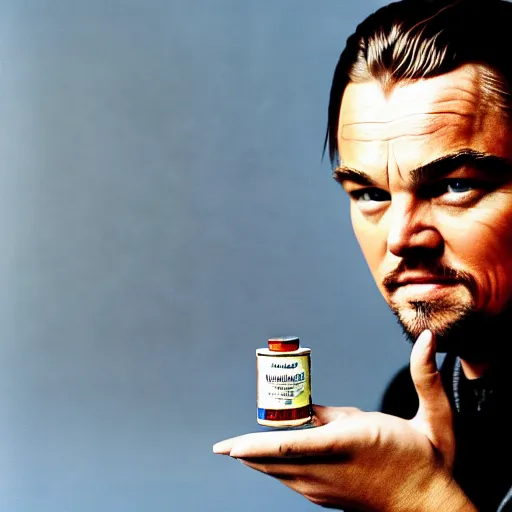 Prompt: detailed studio portrait of leoanrdo dicaprio holding tiny jar of tincture. watching ar camera. studio light, polished look, solid background, ad, fashion photography, by pierpaolo ferrari and maurizio cattelan, 3 5 mm photograph, david lachapelle, canon eos c 3 0 0, 8 k