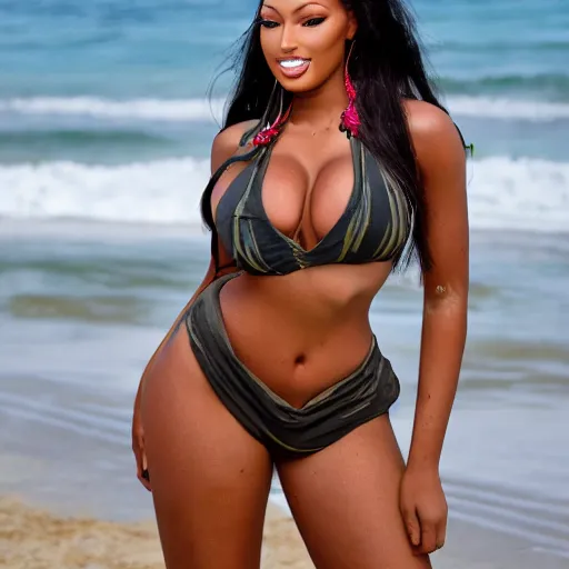 Image similar to megan thee stallion in beach setting, full body