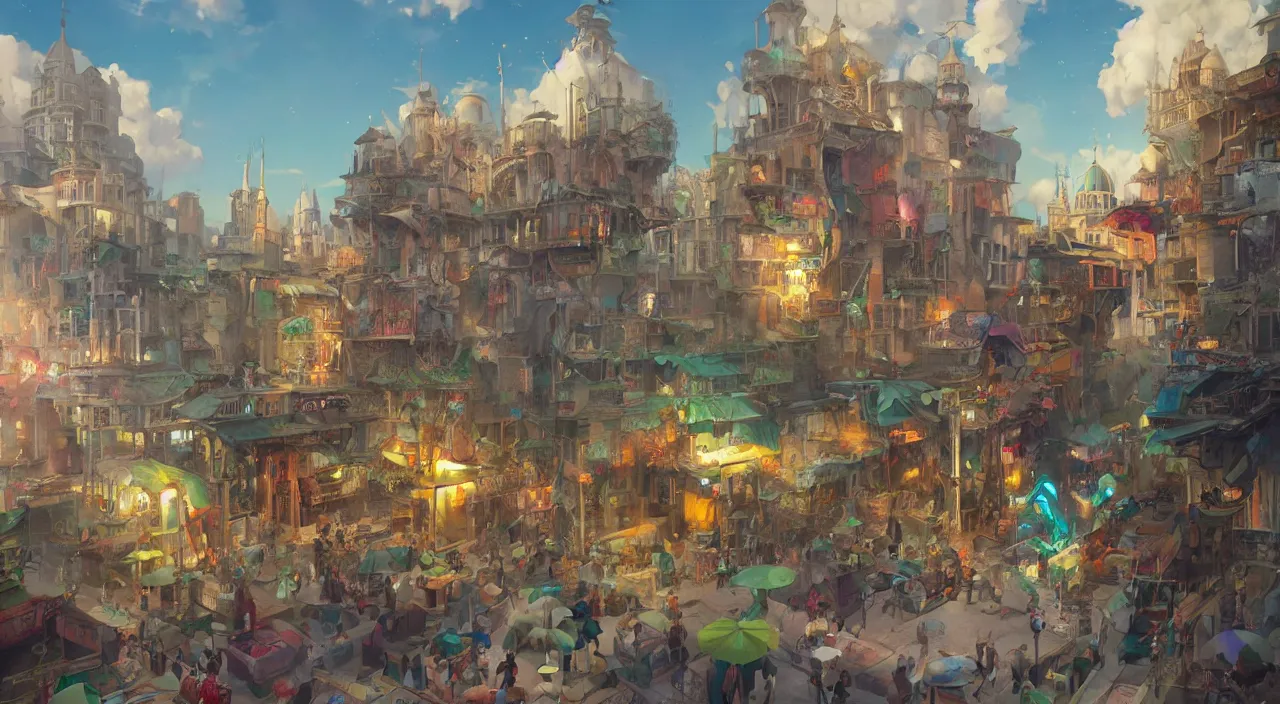 Image similar to bazaar zouk oriantal place mosquet multicolorful sky shine matte painting, street art, trending on artstation, by huang guangjian and gil elvgren and sachin teng