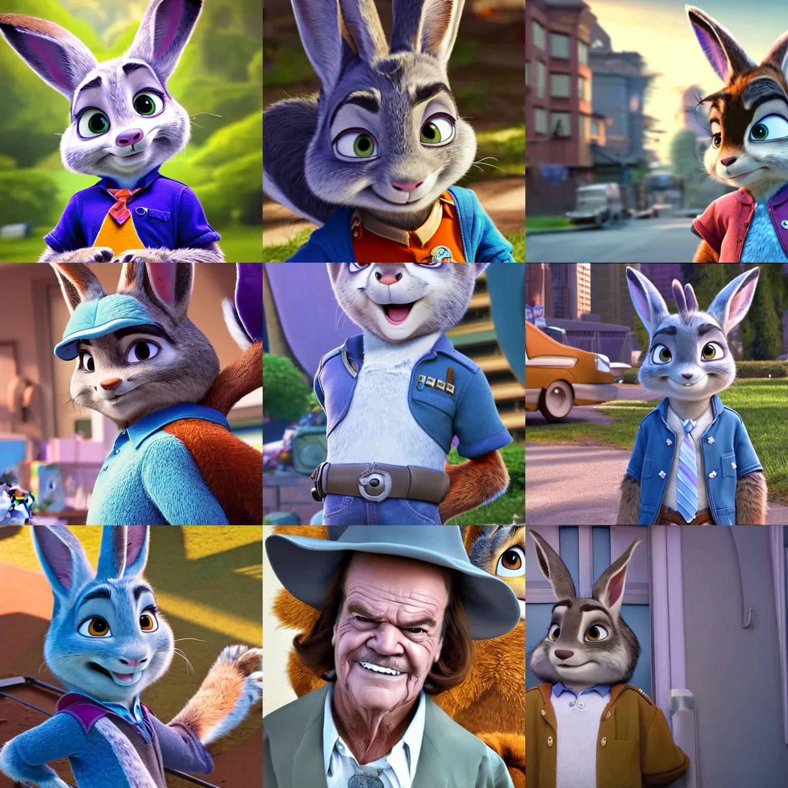 Prompt: young Jack Nicholson in costume as Judy Hopps in photorealistic live-action version Zootopia, principal set photography, publicity cosplay, live-action photography cinematography