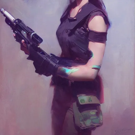 Image similar to girl holding a rocket launcher, expressive oil painting, by yoshitaka amano, by jeremy lipking, by artgerm, by wlop, digital art