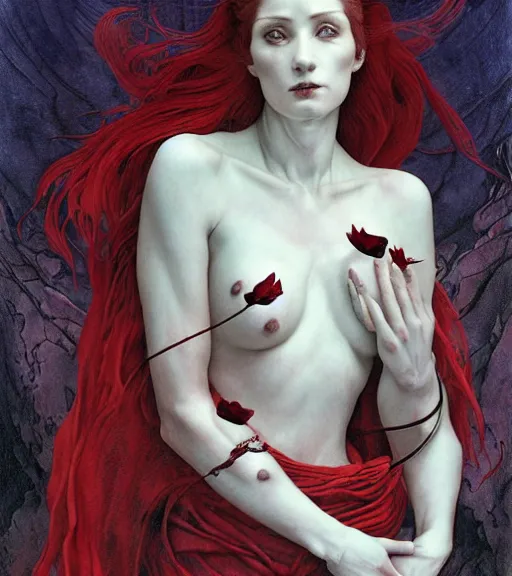 Image similar to blood rose devil nightmare of the maiden in the fortress of lies, by annie swynnerton and tino rodriguez and charlie bowater and tom bagshaw and nicholas roerich and jean delville and evelyn de morgan and lucien freud, dramatic lighting, floral tattoos, rich colors, smooth sharp focus, anime key visual, extremely detailed, adolf wolfli