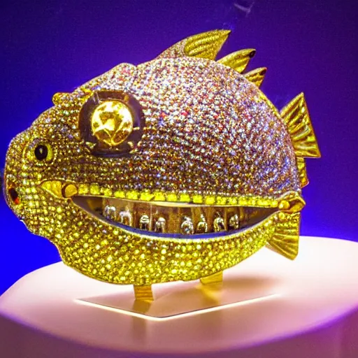 Prompt: A diamond encrusted killer anglerfish with jeweled teeth, the esca light is a minature vegas casino