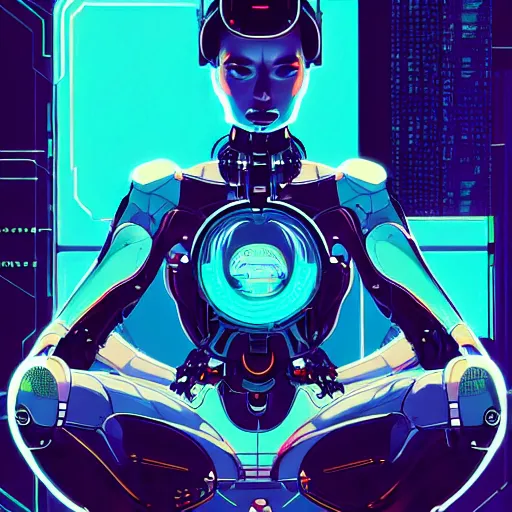 Image similar to a portrait of a beautiful cybernetic woman meditating, cyberpunk concept art by josan gonzales and jean claude meziere and syd mead