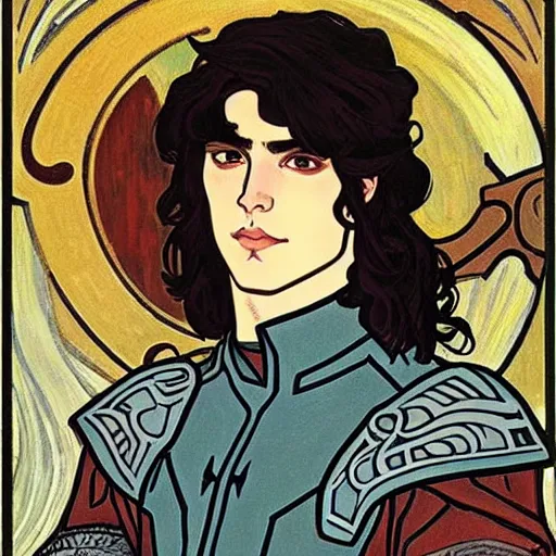 Image similar to painting of young handsome beautiful paladin elf! man with long wavy dark hair in his 2 0 s named shadow taehyung at the blueberry party, wearing armor!, elegant, clear, painting, stylized, delicate, soft facial features, art, art by alphonse mucha, vincent van gogh, egon schiele,