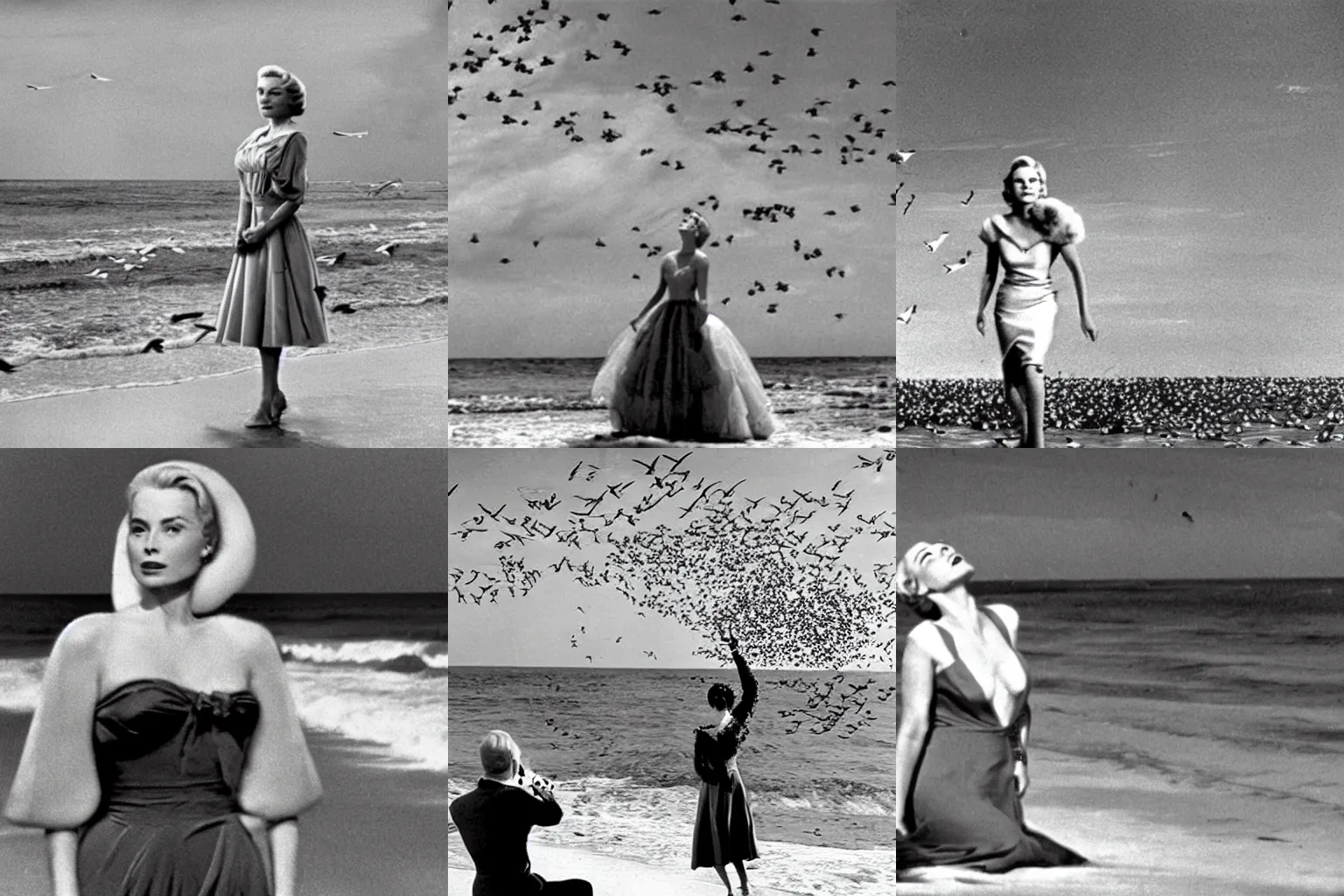 Prompt: a scene from the birds of hitchcock where a swarm of birds attack a character played by grace kelly standing on the beach, in the style of birth of venus