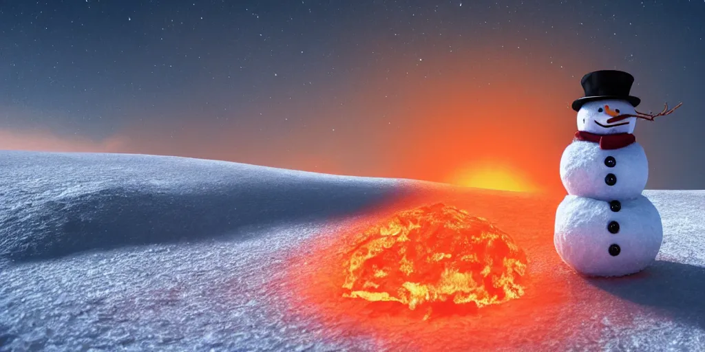 Image similar to a snowman standing on top of the sun. the ground is made from fire and lava and is glowing orange. cinematic, dramatic, atmospheric, extremely coherent, 8 k, space
