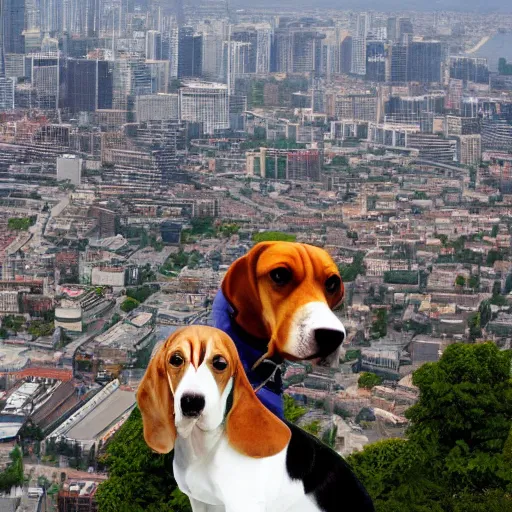 Image similar to photo of gigantic beagle dog over a city