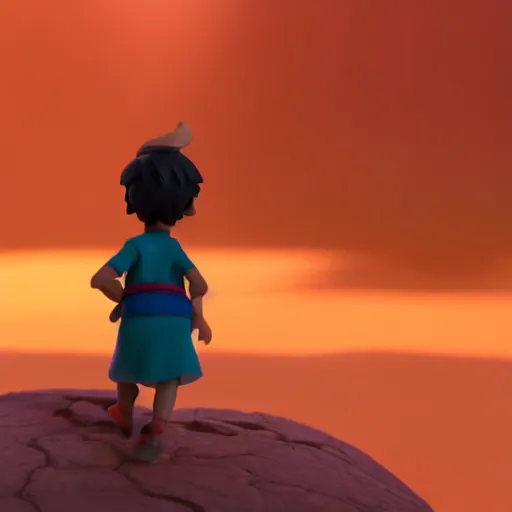 Prompt: a profile view of young aladdin as nendoroid walking in a desert in the croods movie style, 8 k, hd, dof, kodak film, volumetric lighting, subsurface scattering, photorealistic, octane render