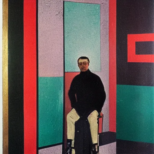 Image similar to photo of a man with wall background, wall is decorated by kadinsky and bauhaus