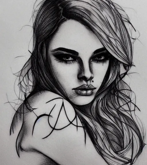 Image similar to tattoo design sketch of an extremely beautiful woman face with a faded background of stunning mountain view on her side, hyper - realistic, in the style of matteo pasqualin, amazing detail, black and white, faded