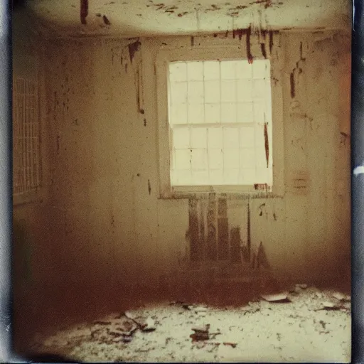 Prompt: the interior of a dark abandoned house with a creepy pale face at the top of a dark stairwell, old polaroid, blurry photo, expired film,