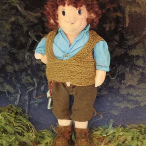 Image similar to (pudgy) british lad with short curly dark brown hair as a hobbit wearing a white men's crossbody sling chest bag and blue vest