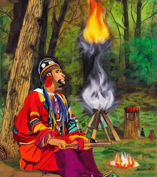 Image similar to Painting of a shaman dressed in a colorful traditional clothes. He is sitting in a forest next to a campfire, singing