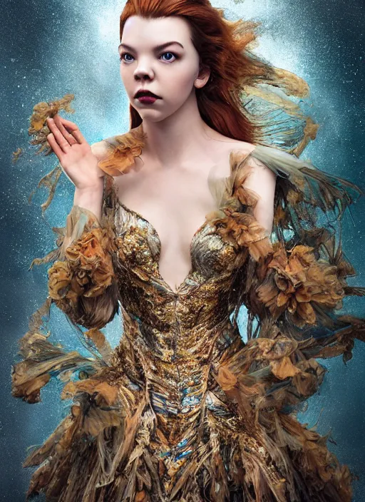 Image similar to expressive full body photo of anya taylor - joy, dress made of sweets, glamour shot, by karol bak, stefan gesell, photorealistic, nikon d 4 x, fashion photography, hyper maximalist, elegant, ornate, luxury, elite, environmental portrait, symmetrical features, octane render, unreal engine, solid dark grey background, dramatic lights