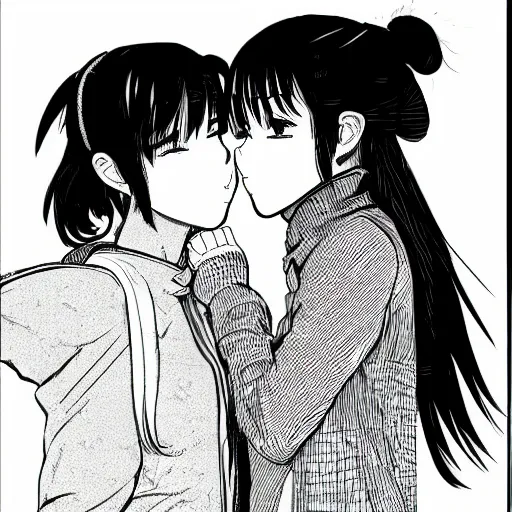 Image similar to portrait of two girls kissing, detailed manga art