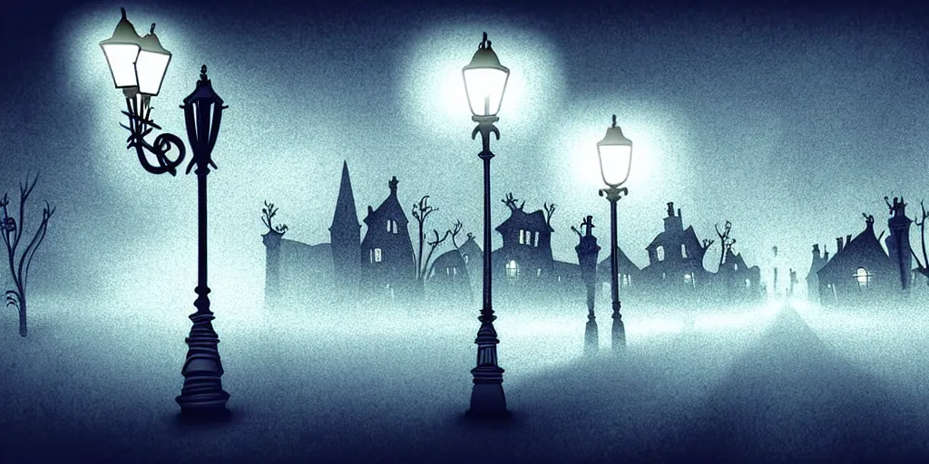 Prompt: curved perspective epic illustration of night city with curly victorian street lamp in a foggy field from tim burton nightmare before christmas