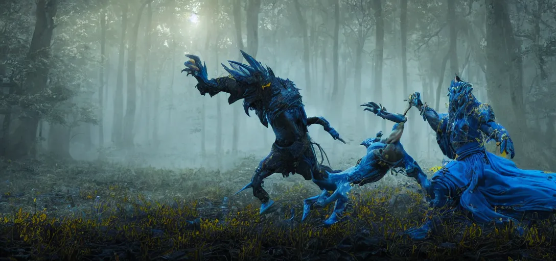 Image similar to a warrior in blue and yellow robes fighting a dark beast in a swamp, detailed face, luminescent eyes, sunny weather, rendered in octane, realistic, 8 k, vivid, intricate, detailed, mist, fog, dramatic light