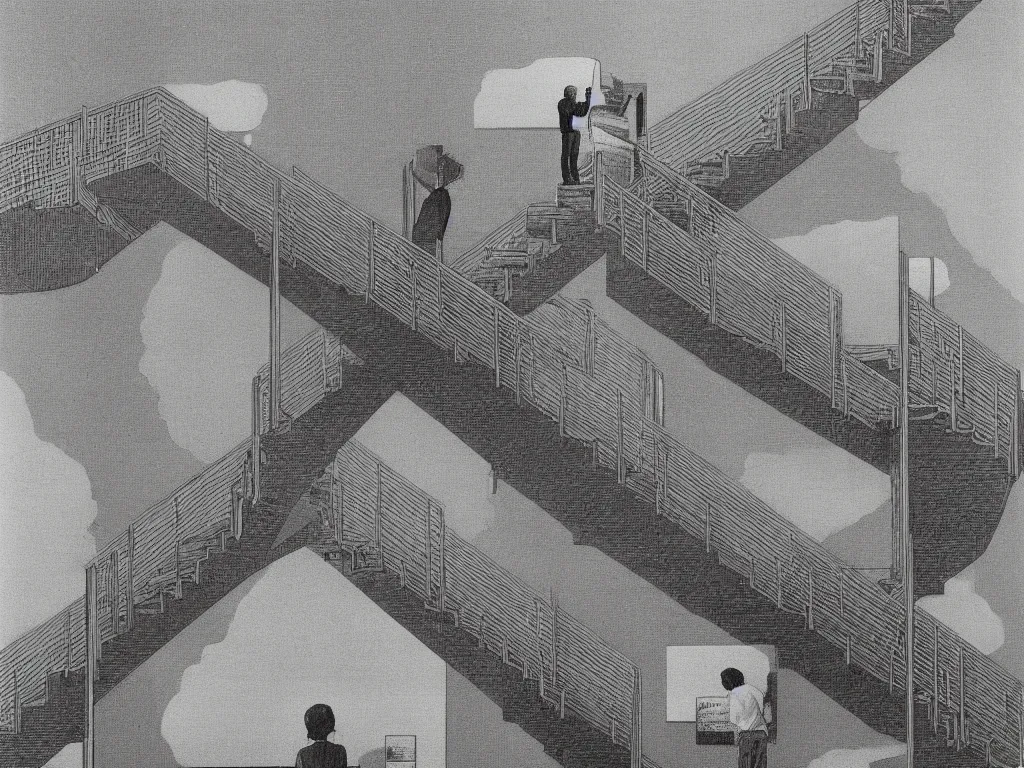 Prompt: lithograph printed in 1976. It depicts a man in an art gallery viewing a print of a seascape. The man's reflection is seen in the print, and the reflection shows the man walking down a staircase. The staircases in the print appear to be infinite, By M. C. Escher, colorized by Hayao Miyazaki