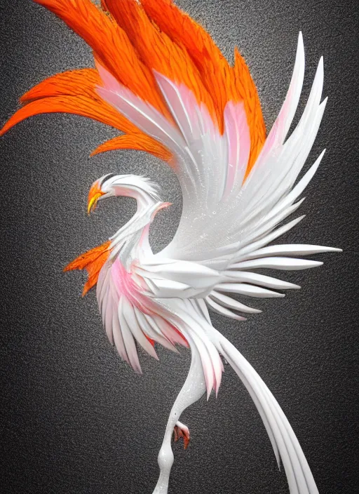 Prompt: white phoenix orange pink salt crystals sharp detail 3d render simple background sharp contrast feathers graphic design fai khadra gaika style