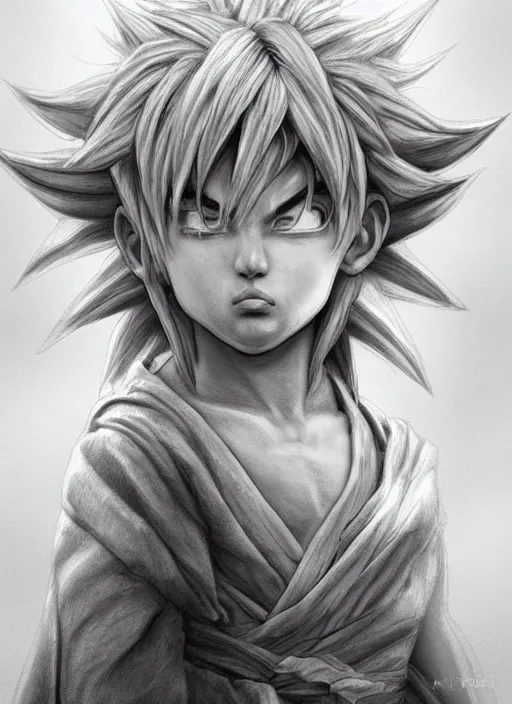Image similar to realistic portrait pencil sketch of kid goku, old mystic ruins, afternoon, intricate, elegant, highly detailed, digital painting, sharp, focus, by artgerm and greg rutkowski