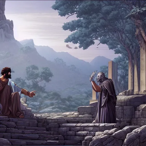 Image similar to plato arguing with diogenes on the necropolis, by dan mumford, yusuke murata, makoto shinkai, ross tran, cosmic, heavenly, god rays, intricate detail, cinematic, 8 k, cel shaded, unreal engine, featured on artstation, pixiv