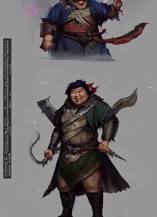 Prompt: slightly chubby asian man with medium black parted hair, dndbeyond, bright, colourful, realistic, dnd character portrait, full body, pathfinder, pinterest, art by ralph horsley, dnd, rpg, lotr game design fanart by concept art, behance hd, artstation, deviantart, hdr render in unreal engine 5